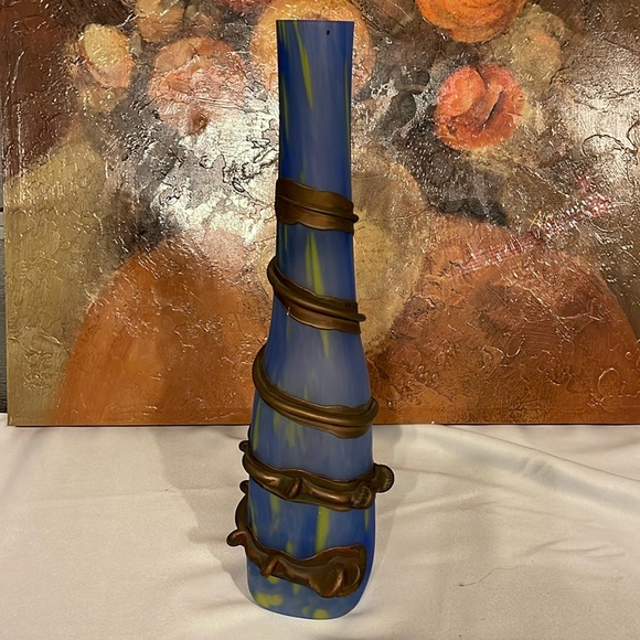 Handmade Blown Glass Vase Engraved with Metal Blue Green Vintage - Picture 1 of 6